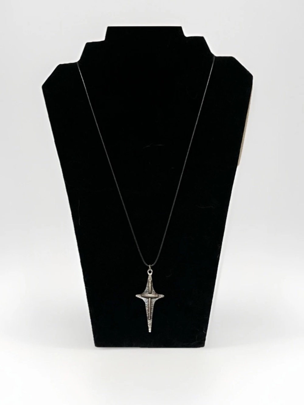 Vintage Silver Astoria Star Cross Pendant on Black Leather Christianity